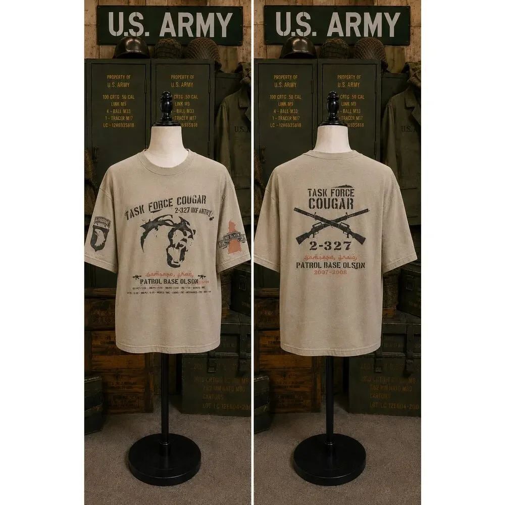 Vintage 2007 Task Force Cougar Army Military Tee Patrol Base Olson L
